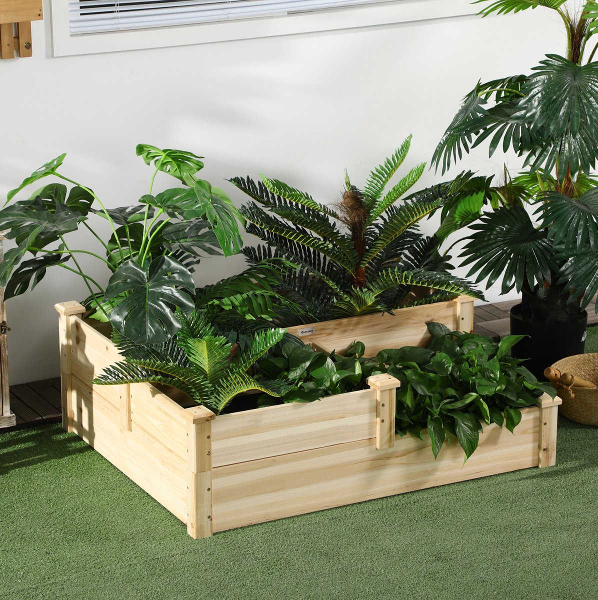 MEUNIQ Moestuinbak 108 x 88 x 36 cm, 3-laagse plantenbak van hout met open bodem, kruidentrap voor kruiden, groenten en bloemen voor tuin en balkon, naturel