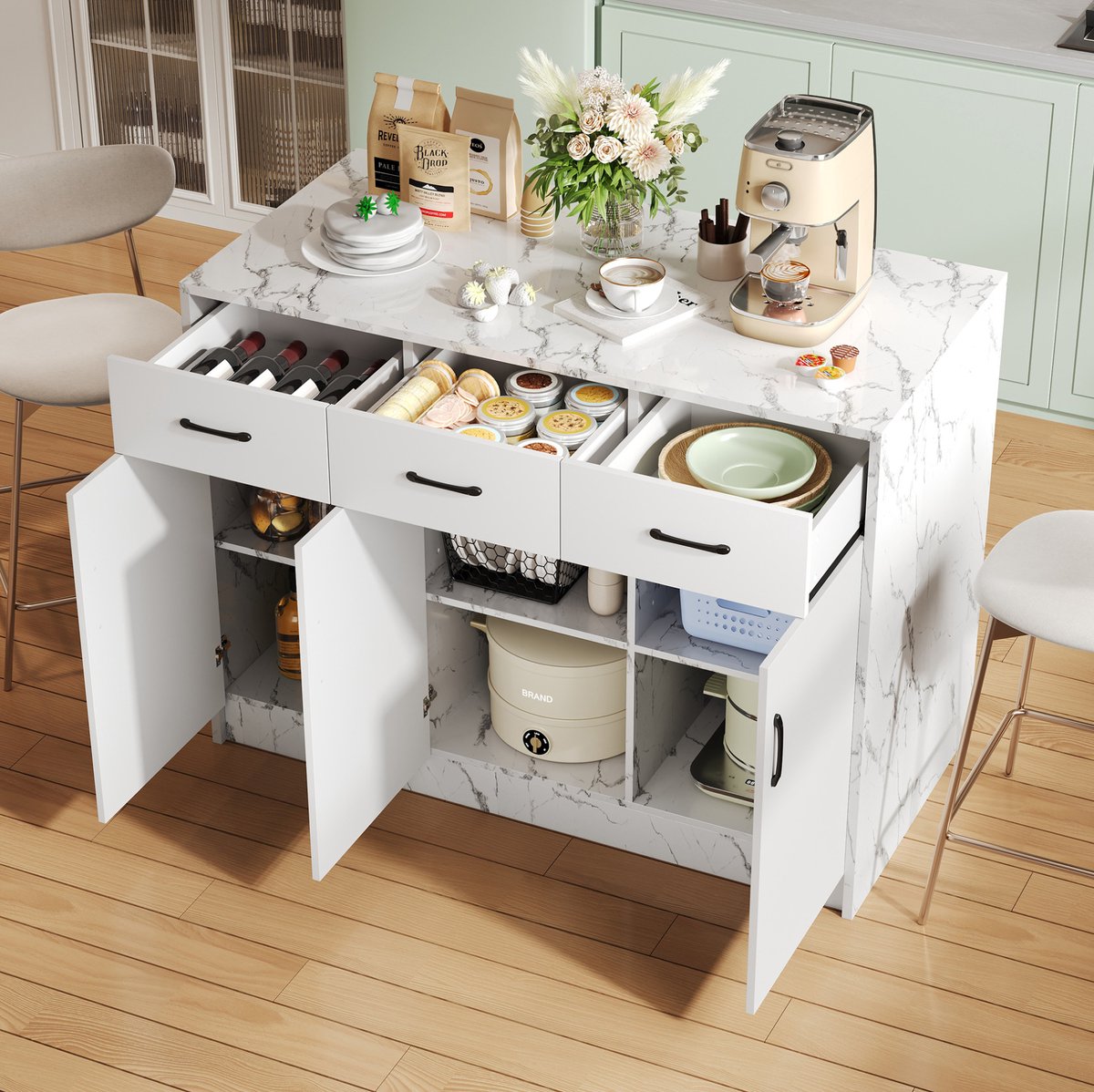 DESMIU Keukenkast - Keukeneiland Met 3 Lades En 3 Deuren - Barzone En Verstelbare Legplanken - MDF - 120x60x90,5 Cm - Wit Marmerdesign