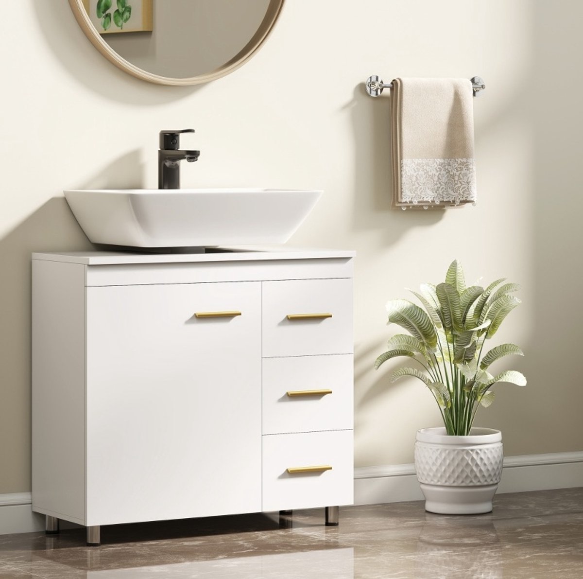 MEUNIQ badkameronderkast 70 x 30 x 65 cm met 3 lades en kastdeur, wastafelonderkast met U-