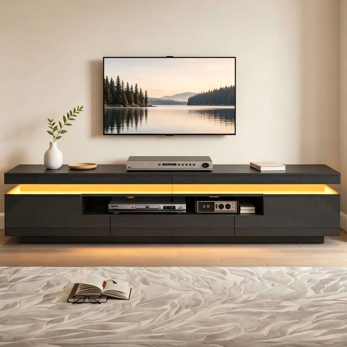 FloraGrace Halmeubel - Tv-Meubel Met LED En 2 Kasten - Met 1 Lade Voor Woonkamer - Spaanpl