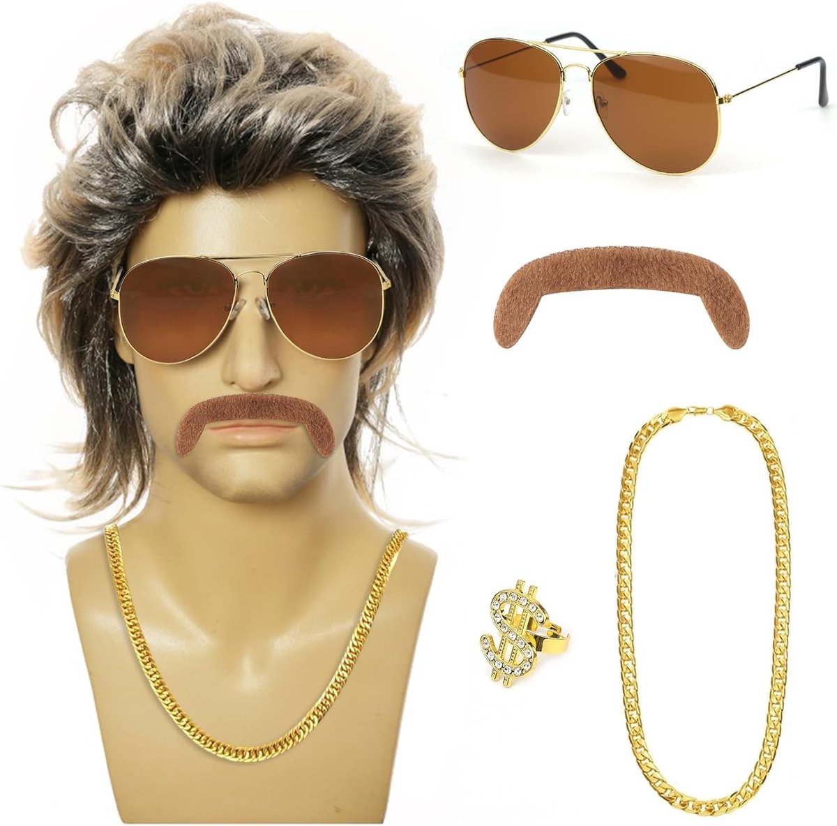 80s Kostuumset voor Mannen met Vokuhila Peruk en Accessoires - Retro 70s 80s Outfit voor Feestjes en Thema-avonden