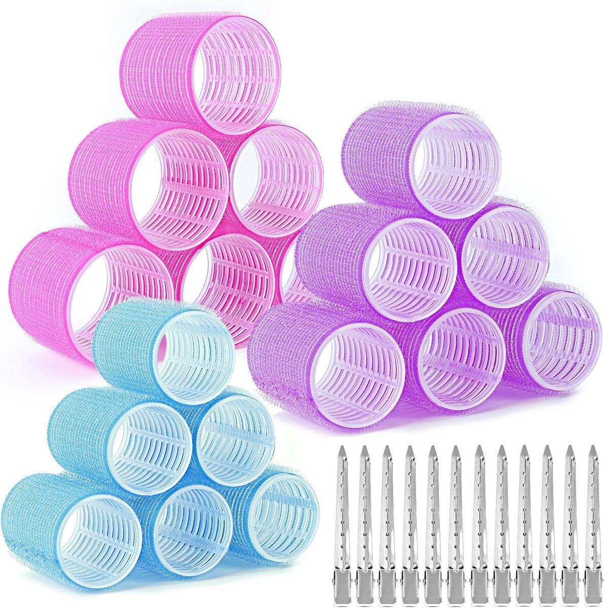 Thijox - AiQInu Set van 13 Krulspelden, Jumbo Haarrollers met 18 Krulspelden en 12 Metalen Klemmen, 3 Maten (60, 45, 36 mm), Zelfklevende Haarrollers