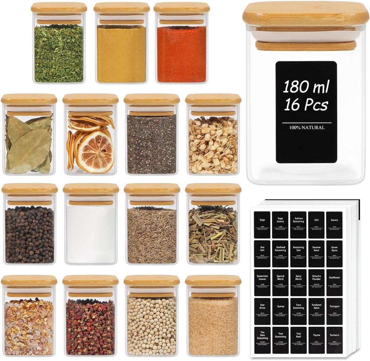 Thijox - Glazen Kruidenpotjes Vierkant 16 x 180 ml met Bamboe Deksel, Luchtdichte Kruidenpotjes, 54 Etiketten voor Kruiden, Zout, Suiker en Keukenorga