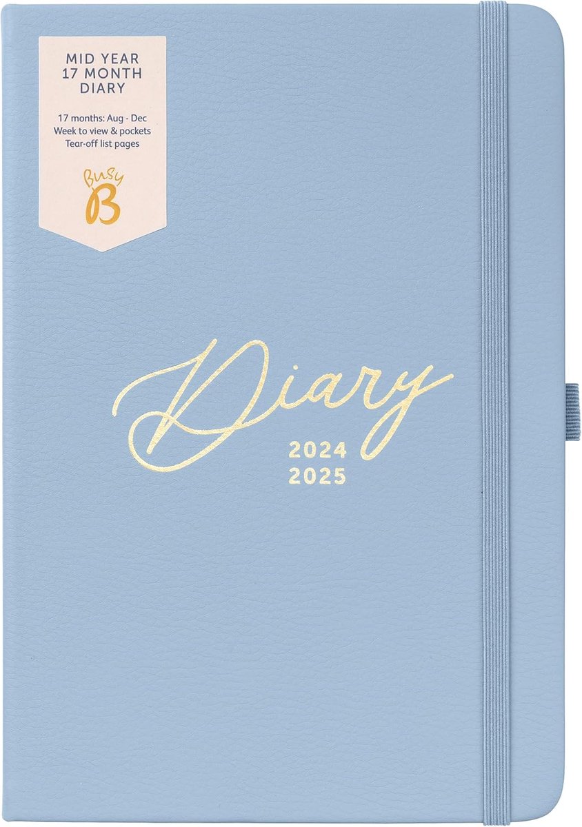 Thijox - Busy B Halverwege het Jaar Dagboek 17 Maanden A5 Blauw Kunstleer Weekplanner met Penhouder, Elastische Sluiting en Opbergvakken voor 2024-202