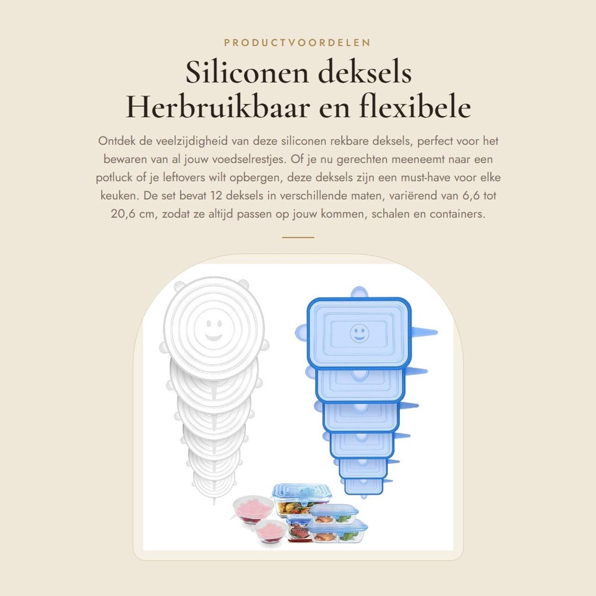 Dailygoods- Siliconen Deksels - 12 Stuks - Rekbare Siliconen Deksels - Flexibele Ronde/Rechthoekige Pasvorm - 6,6-20,6 cm - Voedselopslag - Houdt Voedsel Vers - Voedseldeksels