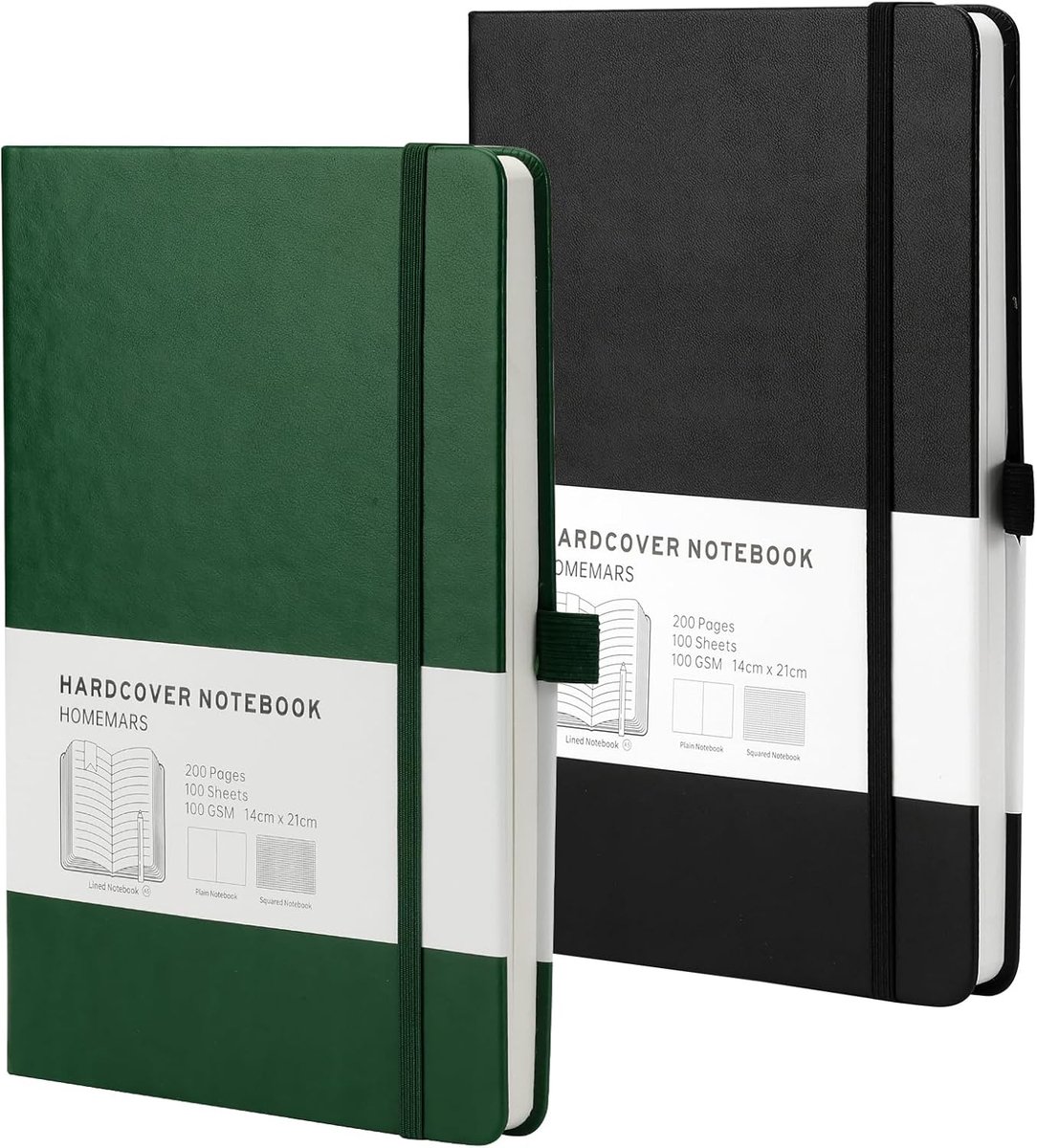 SnelShoppen - Notitieboek A5 Blanco - 200 Pagina's - Lederen Hardcover Groen Zwart - Dagboek, Schetsboek, Notitieblok, 2 Stuks, 100 g/m²