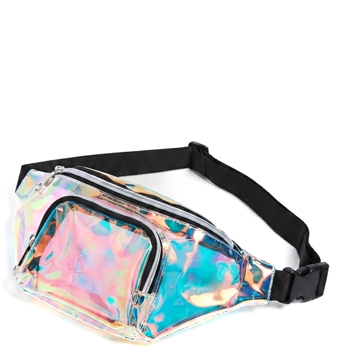 KIMU® Heuptasje Rond Voorvak Iridescent Transparant Heuptas Holografisch Festival