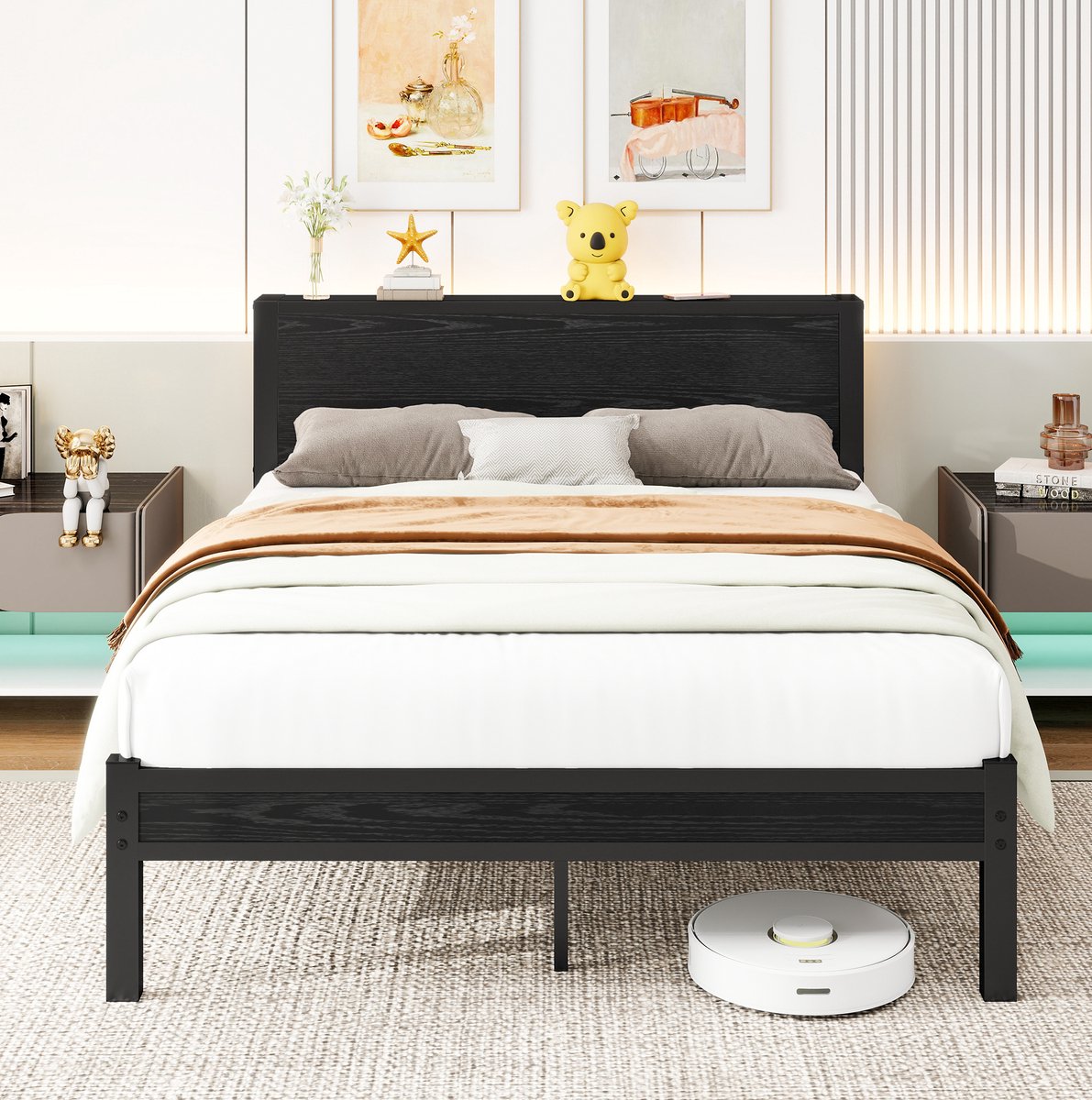 MIVRAY Bed 140x200 cm - Met Opbergruimte en Stevig Metalen Frame - Zonder Matras en Zonder Boxspring - MDF en Metaal - Zwart