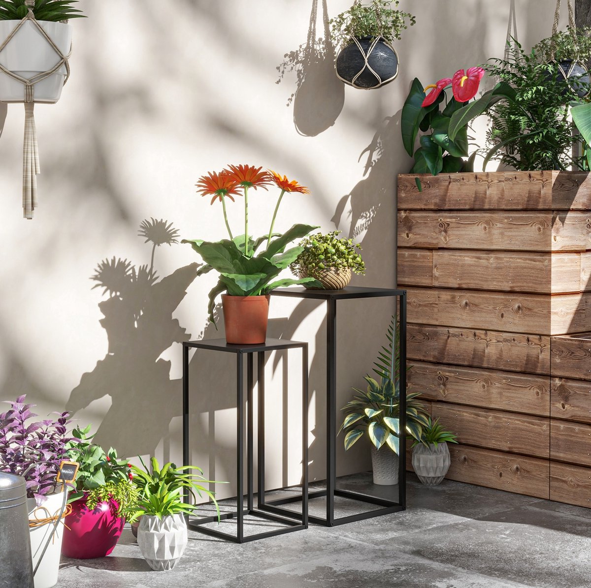 MEUNIQ 2-delige plantenstandaard set 31 x 31 x 65 cm en 25 x 25 x 58,5 cm staal zwart, bloemenstandaard voor balkon, tuin of terras