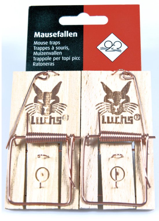 Twee houten muizen vallen met koperen veer en gegraveerde kattenkoppen, met "Luchs" logo.