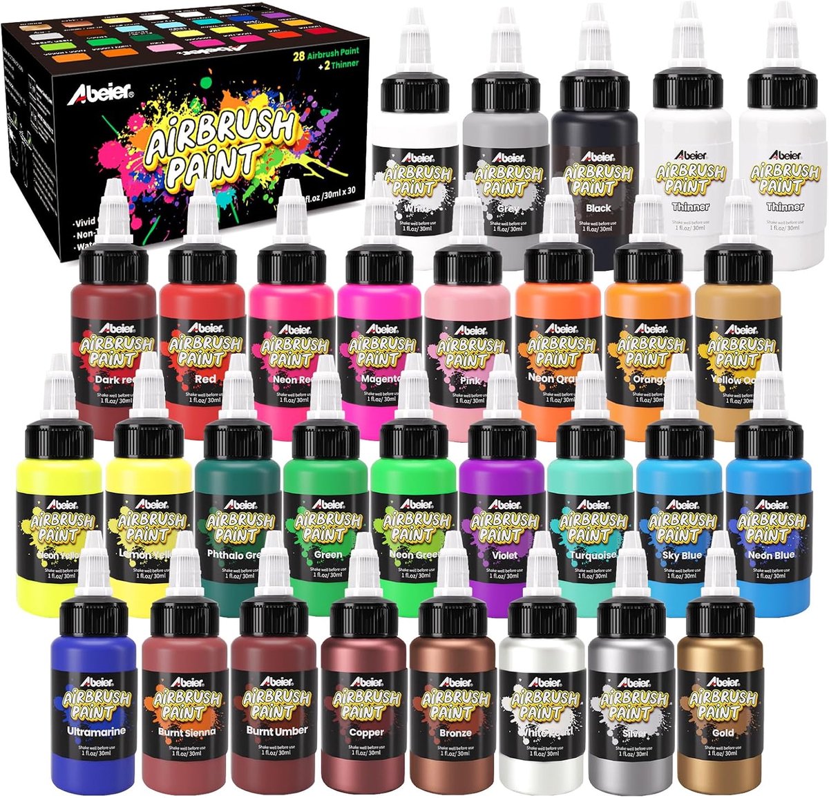 Thijox - Airbrush Verfset 28 Kleuren met 2 Verdunners - Watergedragen Acryl Luchtborstelverf 30ml/Fles - Voor Metaal, Plastic Modellen, Canvas en Hout