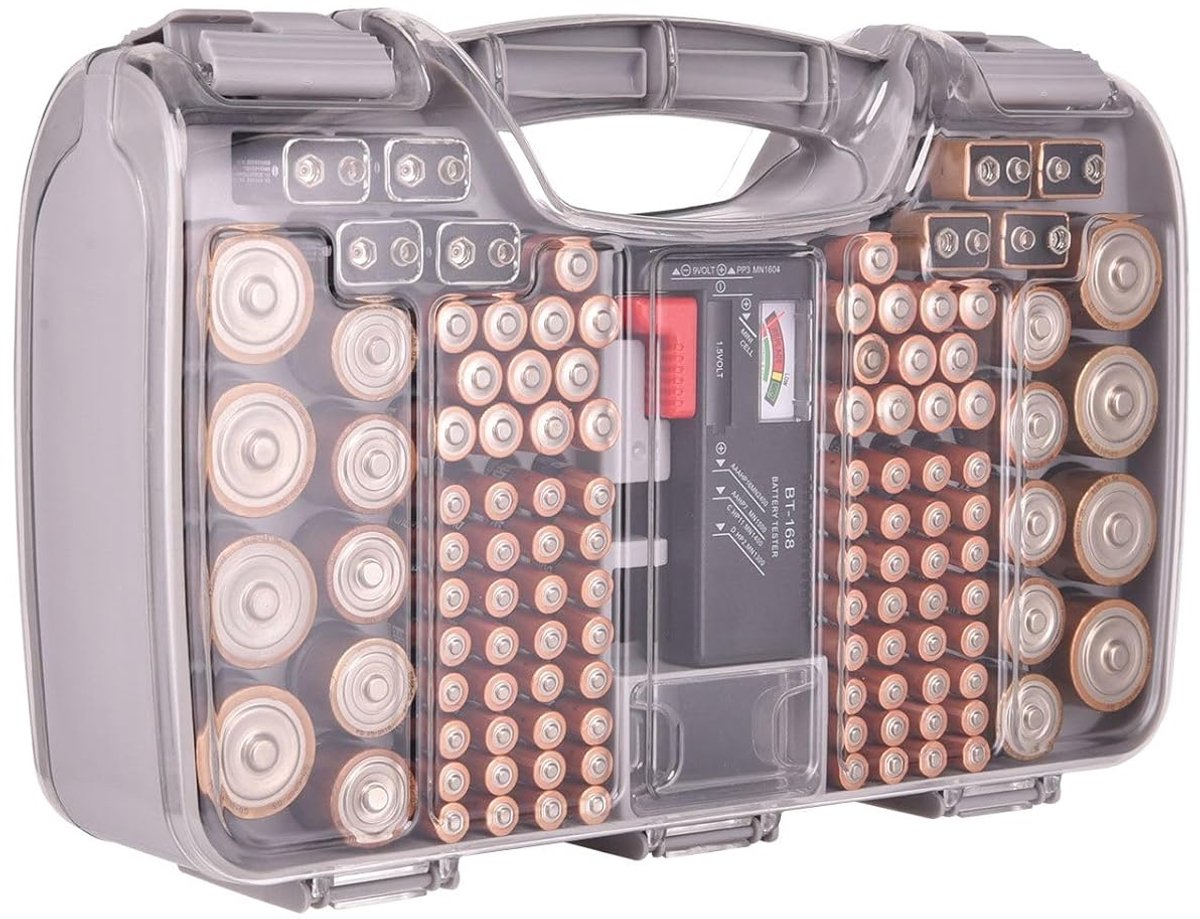 SnelShoppen - Battery Box met Tester - Accu Organizer voor 180 Batterijen - AA, AAA, C, D, 9V, Knopcel - Grijs - Ideaal voor Huis, Werkplaats, Camping