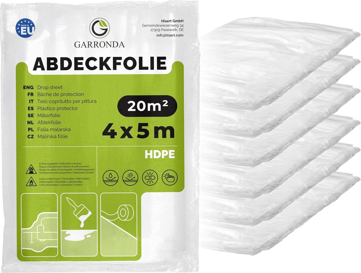 Garronda Afdekfolie 4x5 m 6-Pack Transparant HDPE Schildersfolie voor Renovatie, Stofbescherming bij Verhuizing - ShopVlot