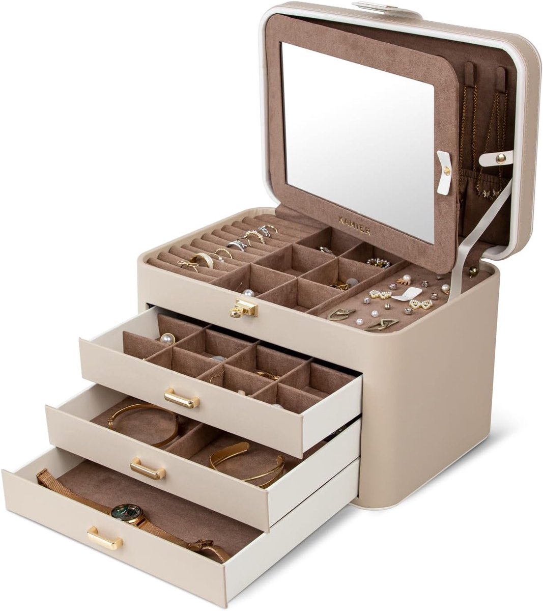 Thijox - Sieraden Organizer Box met Spiegel, 4 Lagen, 3 Laden, Grote Sieraden Doos voor Armbanden, Oorbellen, Ringen en Kettingen, Beige, Perfect voor