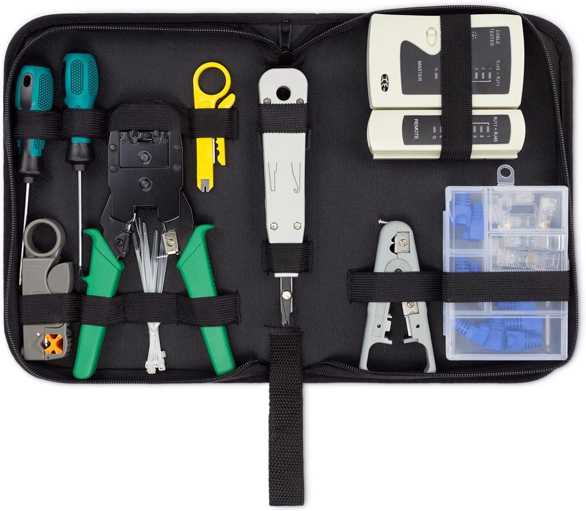 SnelShoppen - 10-delige Netwerk Toolset met Tas - Kabeltester, Crimpzagen, LSA Installatietool, Stripgereedschap, RJ11, RJ12, RJ45, IT Computer Netwer