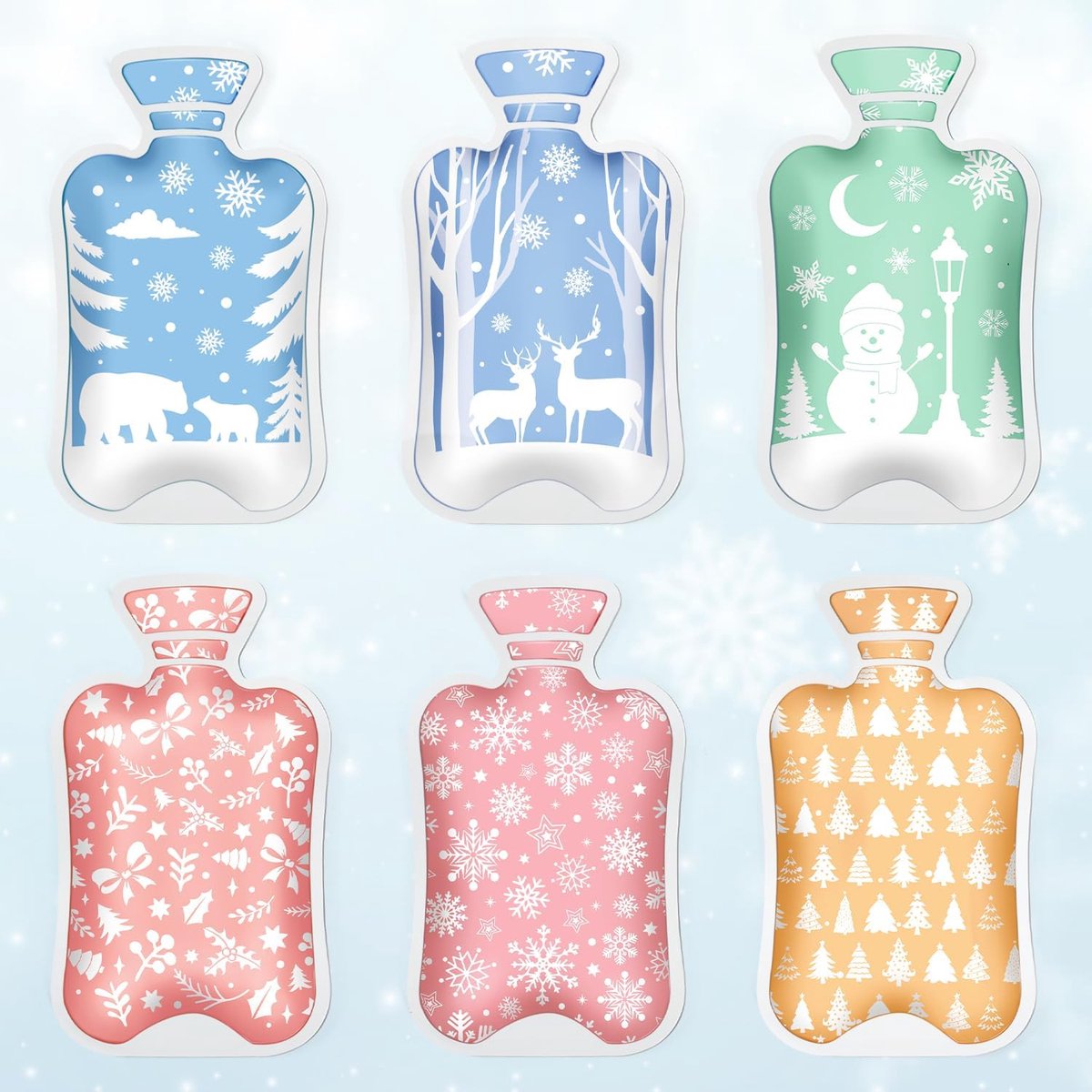 Thijox - Handwarmers Herbruikbaar voor Kinderen - 6 Mini Warmwaterkruiken met Sneeuwvlokmotief in Kleuren - Ideaal voor Koude Dagen, Op Reis, Wandelen