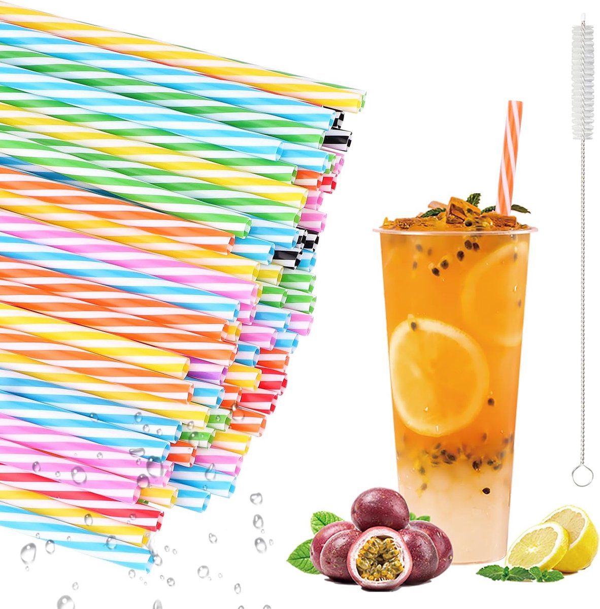 Thijox - 100 stuks herbruikbare kunststof rietjes met 2 rietjesborstels, 23 cm lengte, 7 mm diameter, veelkleurig, ideaal voor sappen, cocktails, smoo