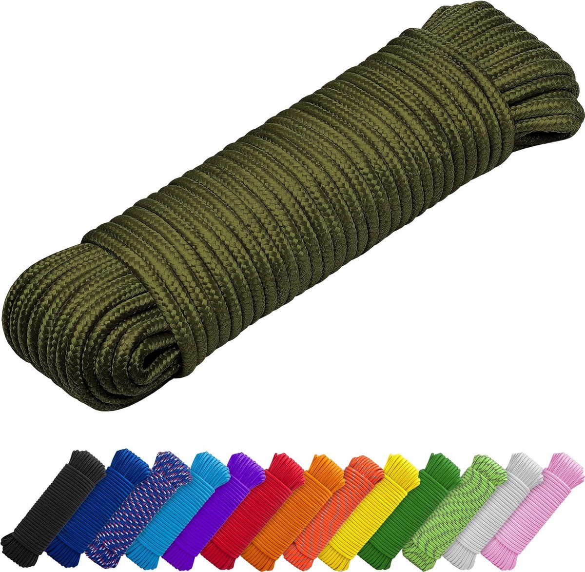 Thijox - Sterk Touw 27.5M x 7mm (1/4 Inch) Legergroen - Allesdoeleinden Koord voor Kamperen, Knutselen, Vlaggenmast, Polypropyleen Nylon Lichtgewicht