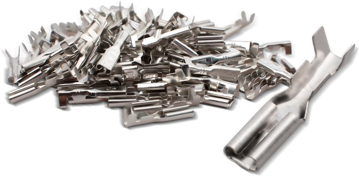 Thijox - 100 stuks niet-geïsoleerde vertinde kabelschoenen 2,8mm voor kabel 0,5mm² tot 1mm², vrouwelijk, massief messing, Spade connectoren voor elekt