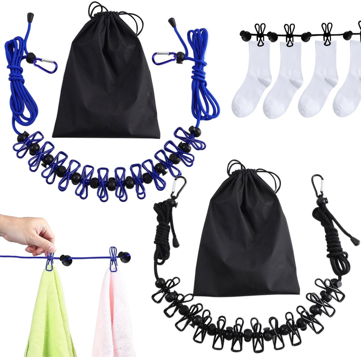 Dailygoods- Wasrek Inklapbaar - Draagbaar Wasrek - Uittrekbare Waslijn - 12 Clips - 13 Positioneringsgespen - Lichtgewicht en Duurzaam - Droogrek