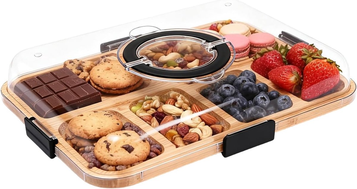 Thijox - Charcuterie Board met Deksel - Draagbare Snackplank met 6 Vakken - Transparant en Omkeerbaar - Multifunctionele Kaasplank voor Feest, Picknic