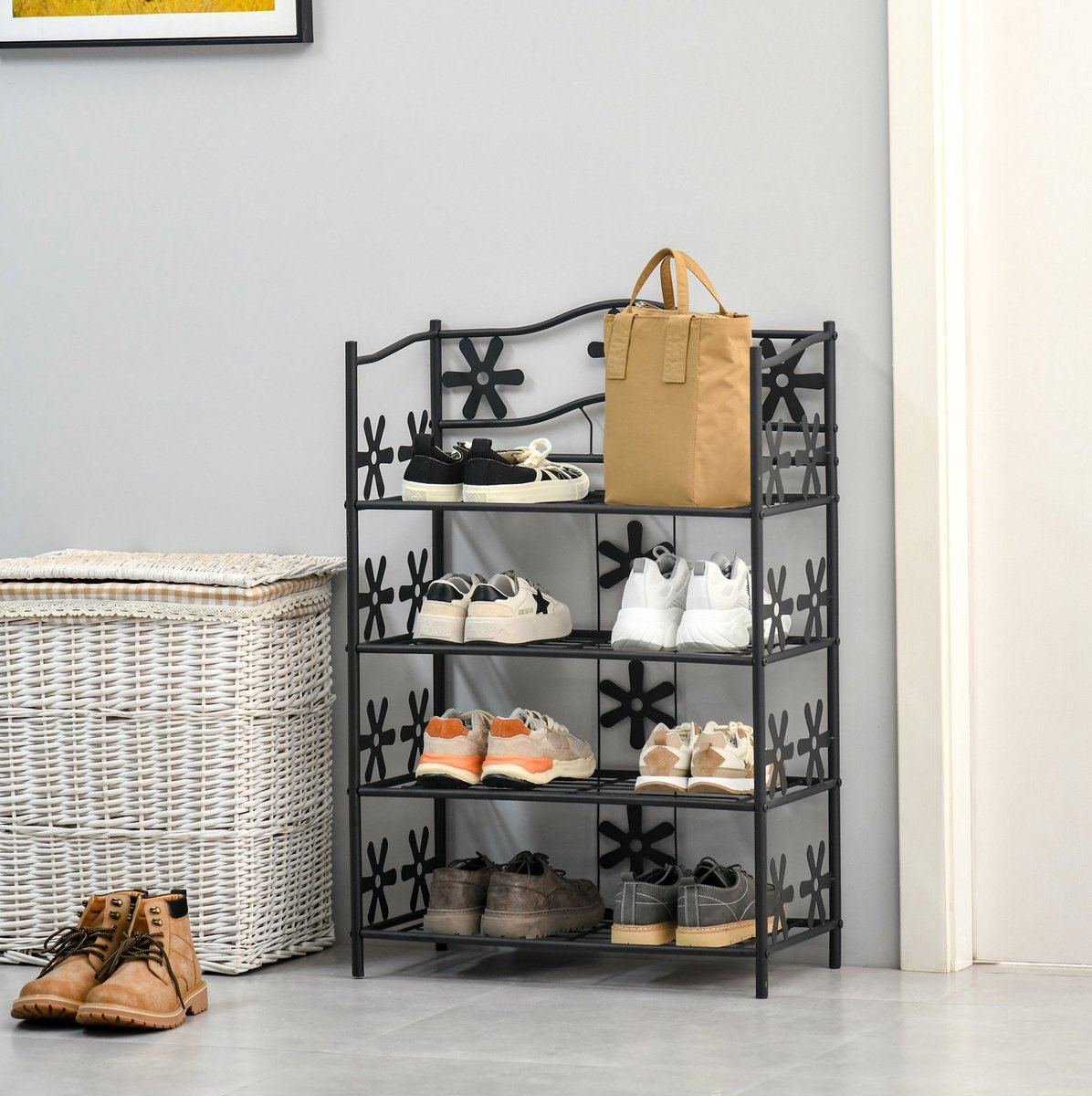 MEUNIQ Schoenenrek staand rek 59,5 x 30 x 92 cm met 4 open etages van metaal voor hal, badkamer of woonruimte, zwart