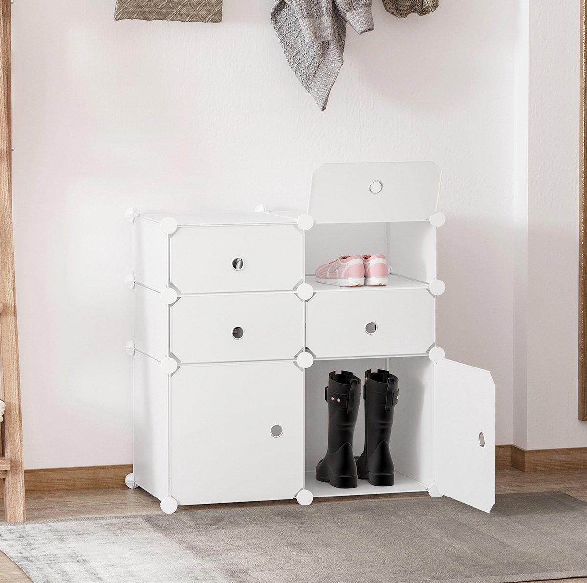 MEUNIQ Schoenenkast 75 x 37 x 73 cm met 6 modulaire vakken en frontdeksels, wit kunststof en metaal, opbergkast voor hal, slaapkamer of woonkamer