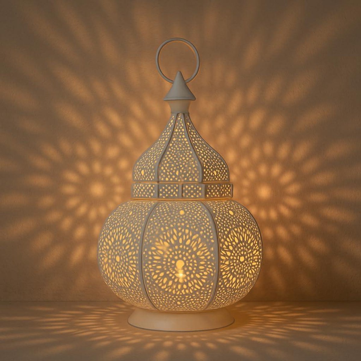 Oosterse lantaarn - Windlicht metaal - Sfeerverlichting binnen - Oosters schaduwspel - 40 x 20 cm - Wit