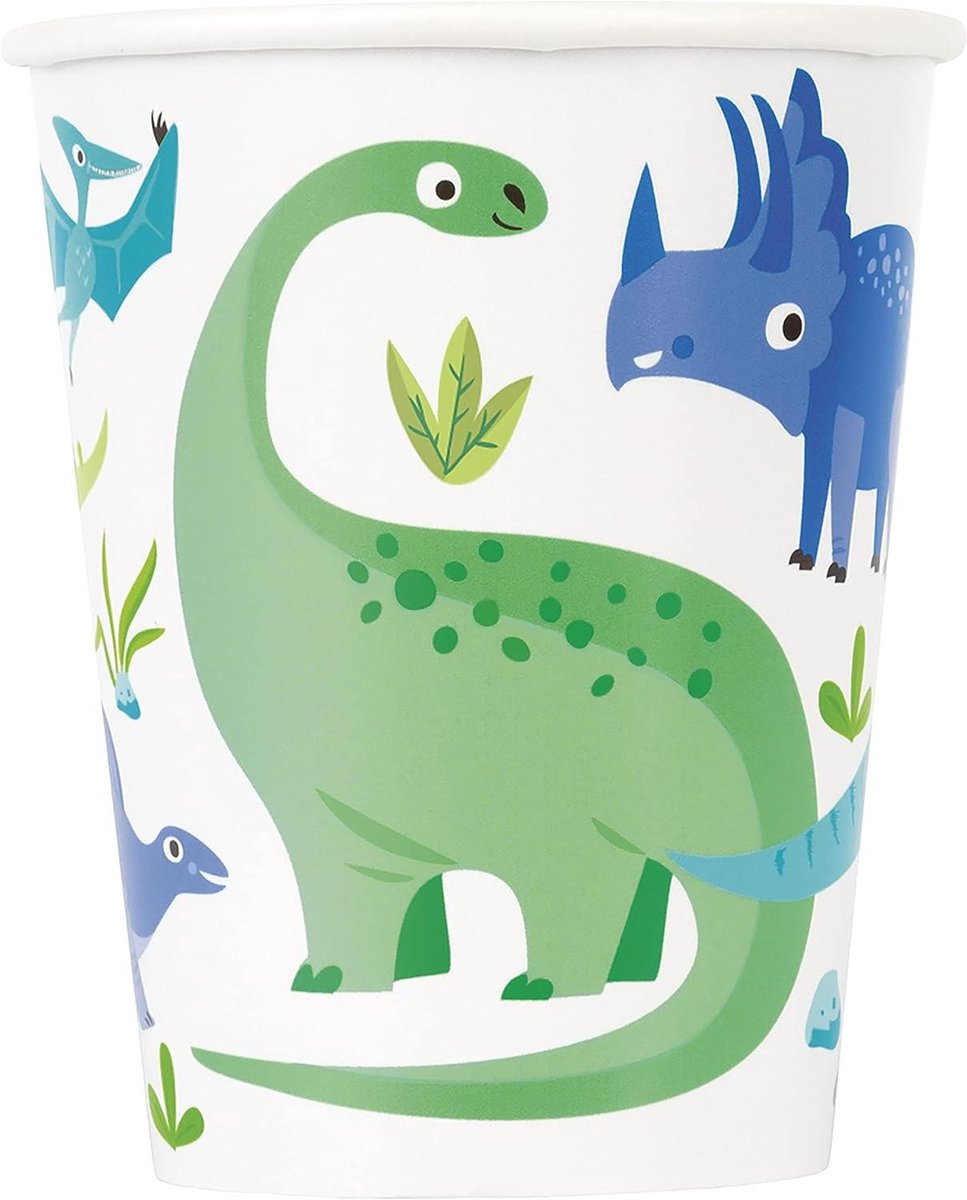 Papieren Bekers - Feestbekers Wegwerp - Dinosaurusfeestje Vieren - Plasticvrij Materiaal - 8 Stuks 266 ml - Blauw Groen