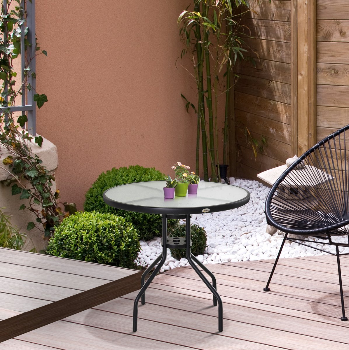 MEUNIQ balkontafel Ø80 cm rond met parasolgat, gehard glazen tafelblad en zwart metalen frame, tuintafel voor balkon, terras en tuin