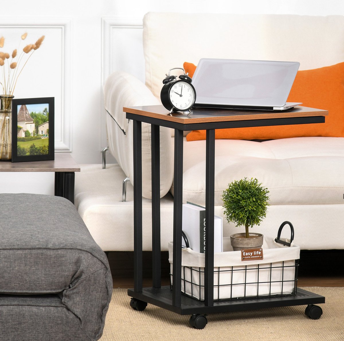 MEUNIQ bijzettafel C-vorm 51 x 36 x 65 cm met 4 wielen en 2 legplanken, verrijdbare sofa bijzettafel voor woonkamer, slaapkamer of keuken, zwart en bruin