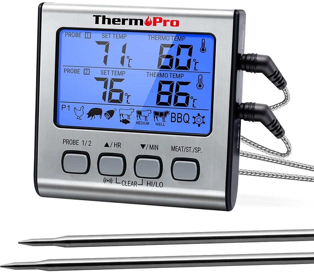 SnelShoppen - Digitale Grillthermometer Braadthermometer Vleesthermometer Oventhermometer met Timer en Twee Roestvrijstalen Sondes - Temperatuurbereik