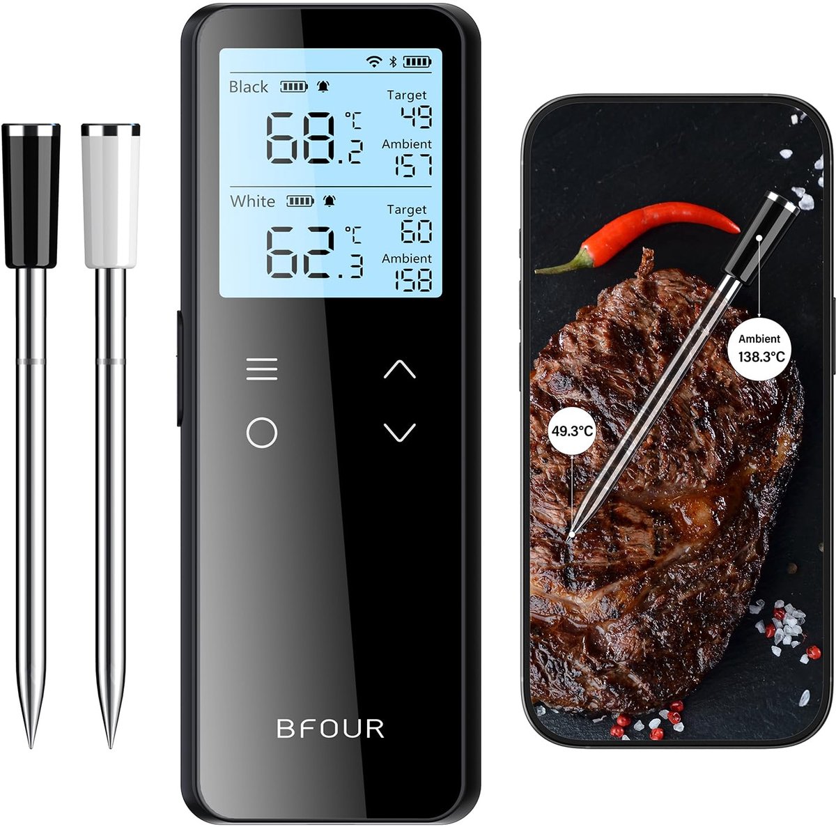 Thijox - Bluetooth & WLAN Vleesthermometer Draadloos - 100% Waterdicht Grillthermometer met 2 Sondes en 6 Sensoren - Nauwkeurigheid ± 0,1 °C voor BBQ,