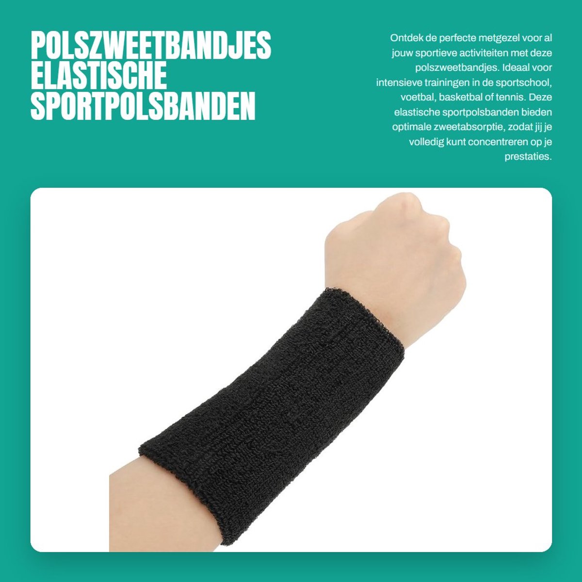 Dailygoods- Polsbandjes Elastische Sport - 2 Stuks - Zweetabsorberende Badstof - Lange Katoen - 15,24 cm - Lichtgewicht en Duurzaam - Zweetband