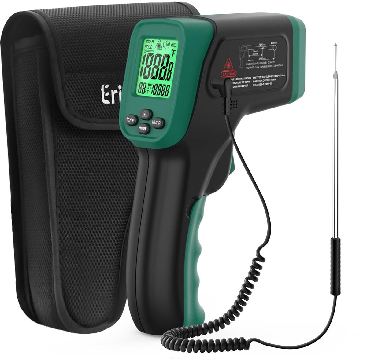 SnelShoppen - Infraroodthermometer -50 tot 800 °C - Contactloze Digitale Laserthermometer met Vleessonde - Instelbare Emissiegraad voor Koken, Grillen