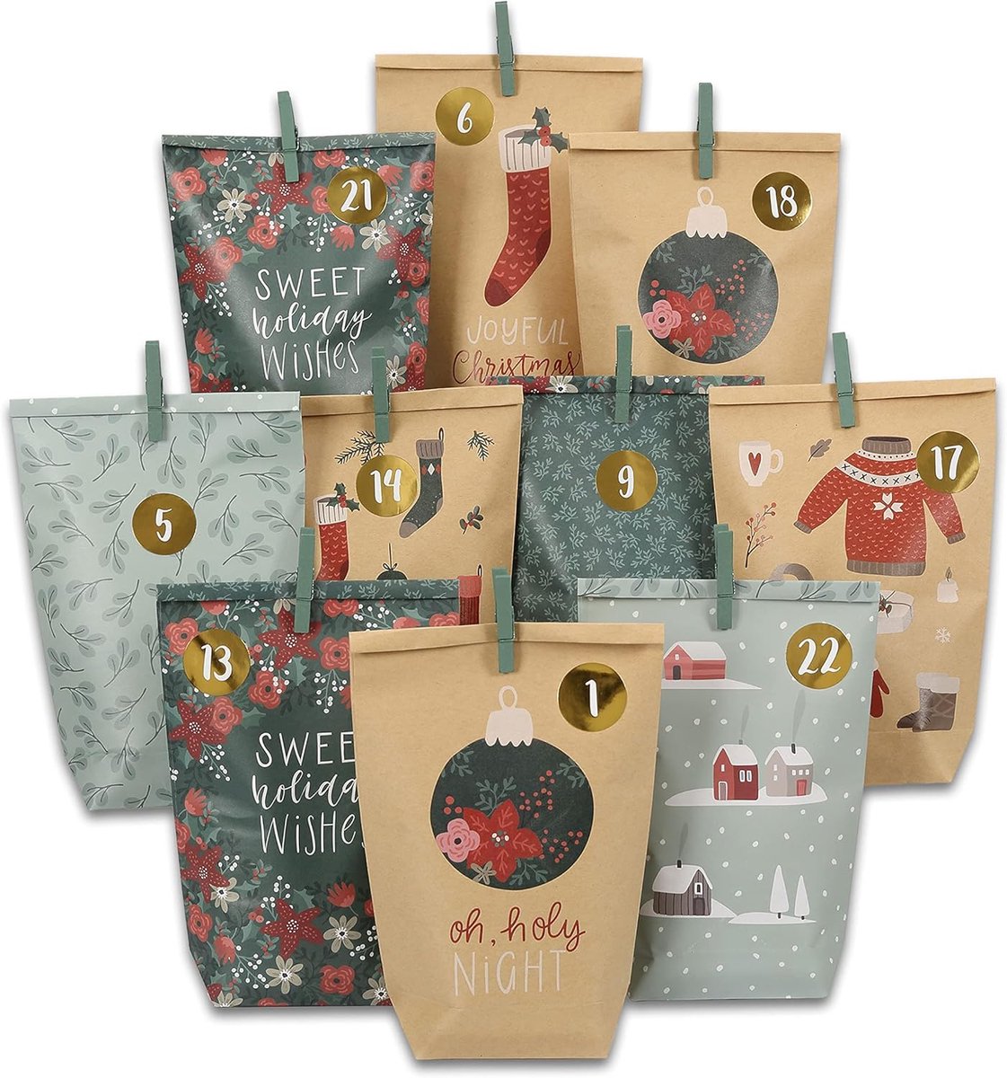 Thijox - DIY Adventskalender Set met 24 Groene en Bruine Kraftpapier Geschenktasjes, Cijferstickers en Klemmen, Perfect voor Kerstmis en Creatieve Knu