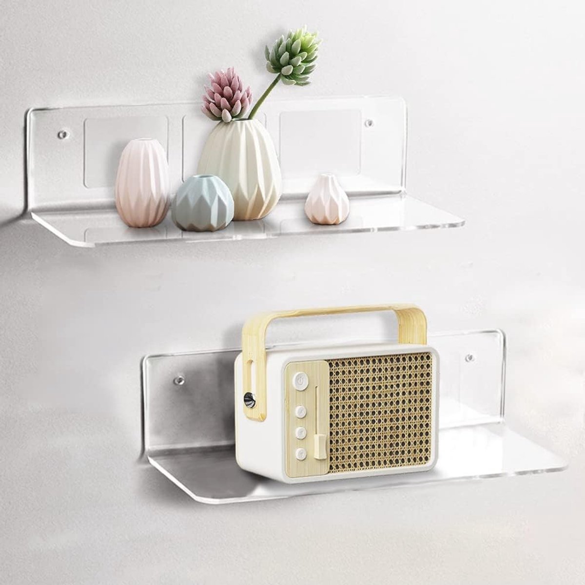 Set van 2 Zelfklevende Wandplanken, Modern en Transparant, Ideaal voor Badkamer, Slaapkamer en Keuken met Kabelhouder, Ruimtebesparend en Eenvoudig te Installeren