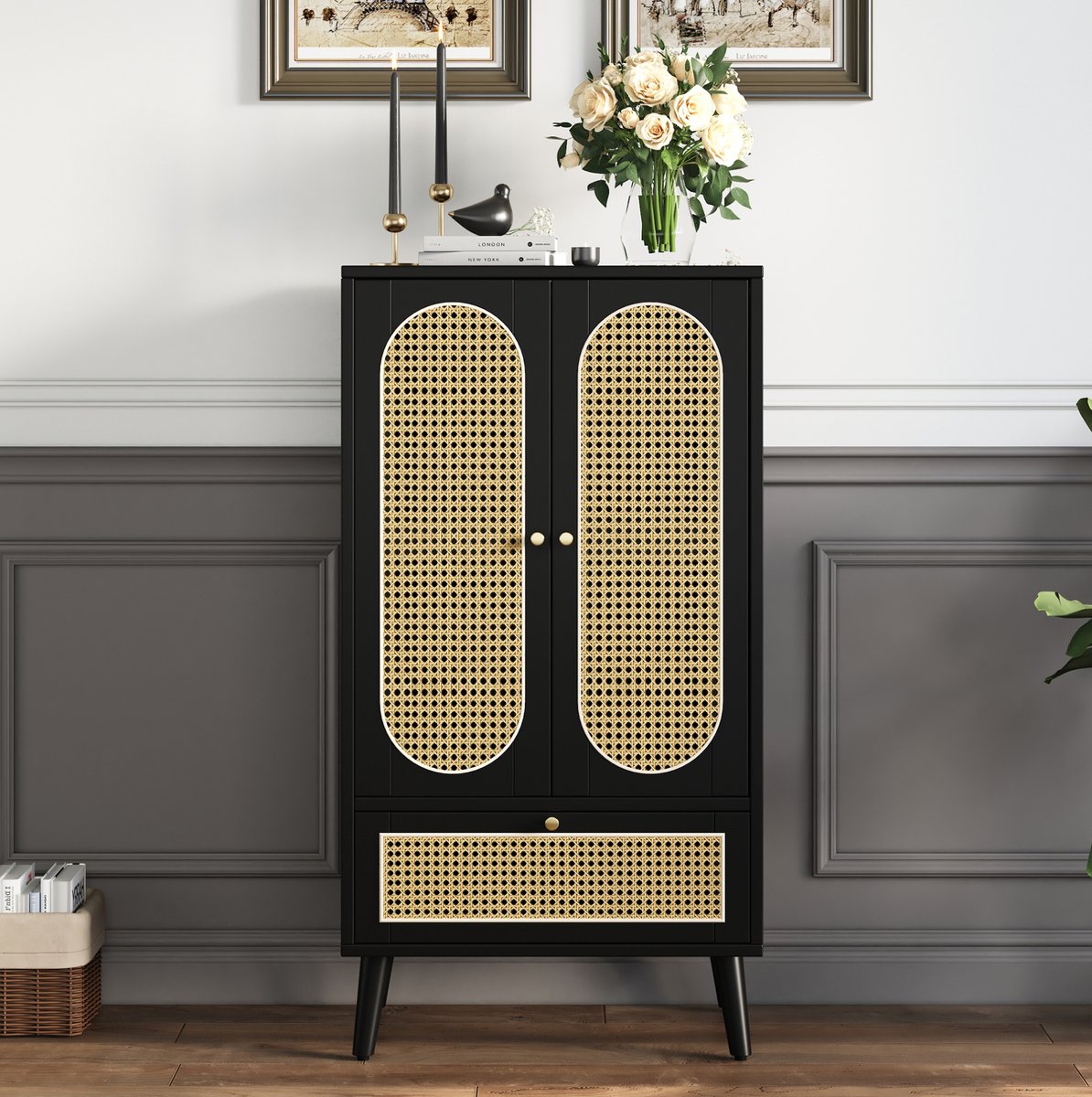 HAUSS SPOLE Halfhoge Kast - Rotanlook Opbergkast Met 2 Deuren En Lade - Voor Woonkamer Slaapkamer Of Hal - Spaanplaat - 60x40x110,5 Cm - Zwart