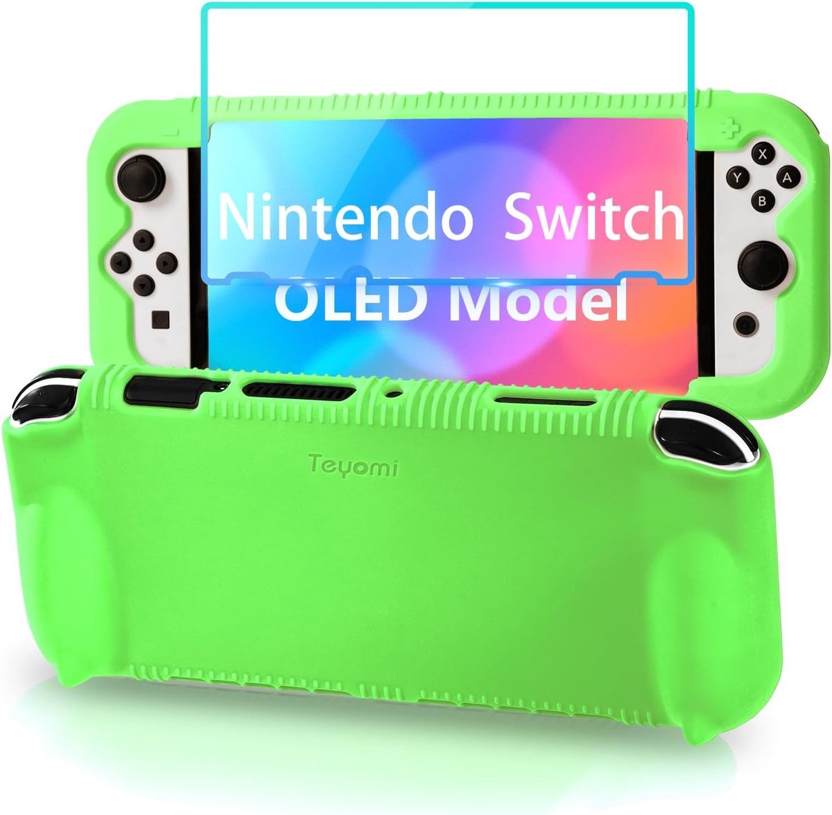 Siliconen hoesje voor Nintendo Switch OLED Model 2021, schokbestendig, ergonomische grip, met gehard glas schermbeschermer en 2 gamekaartsleuven (Groen)