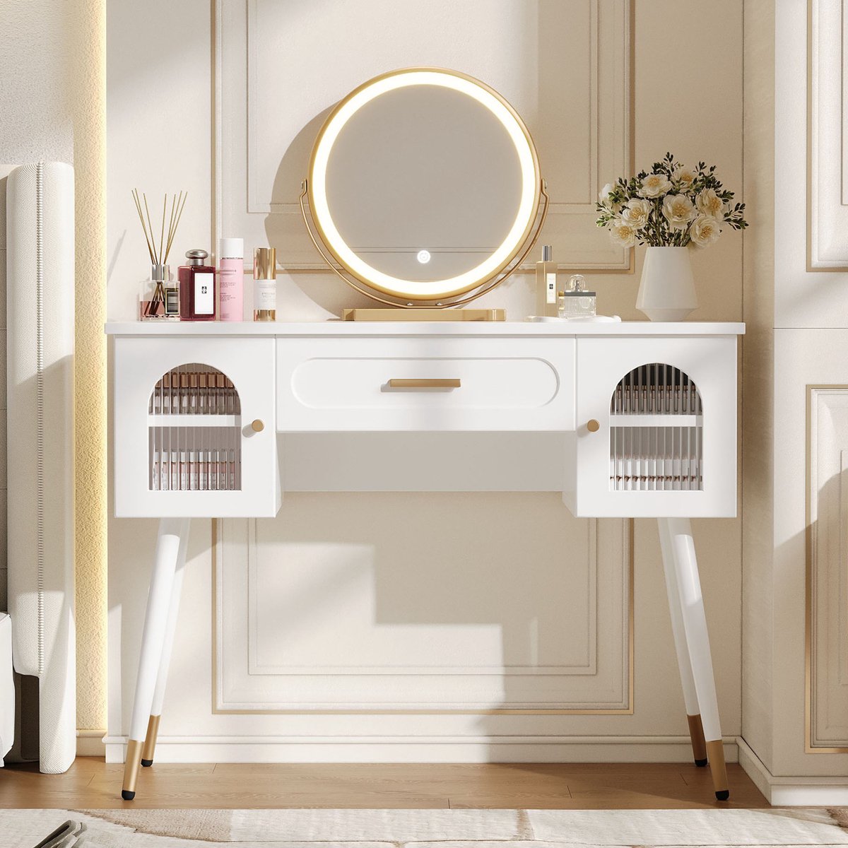 MIVRAY Kaptafel - Ronde Ledspiegel Met Drie Lichtstanden En Veel Opbergruimte - Voor Slaapkamer En Kleedruimte - Wit Goud - 100x42x112 Cm