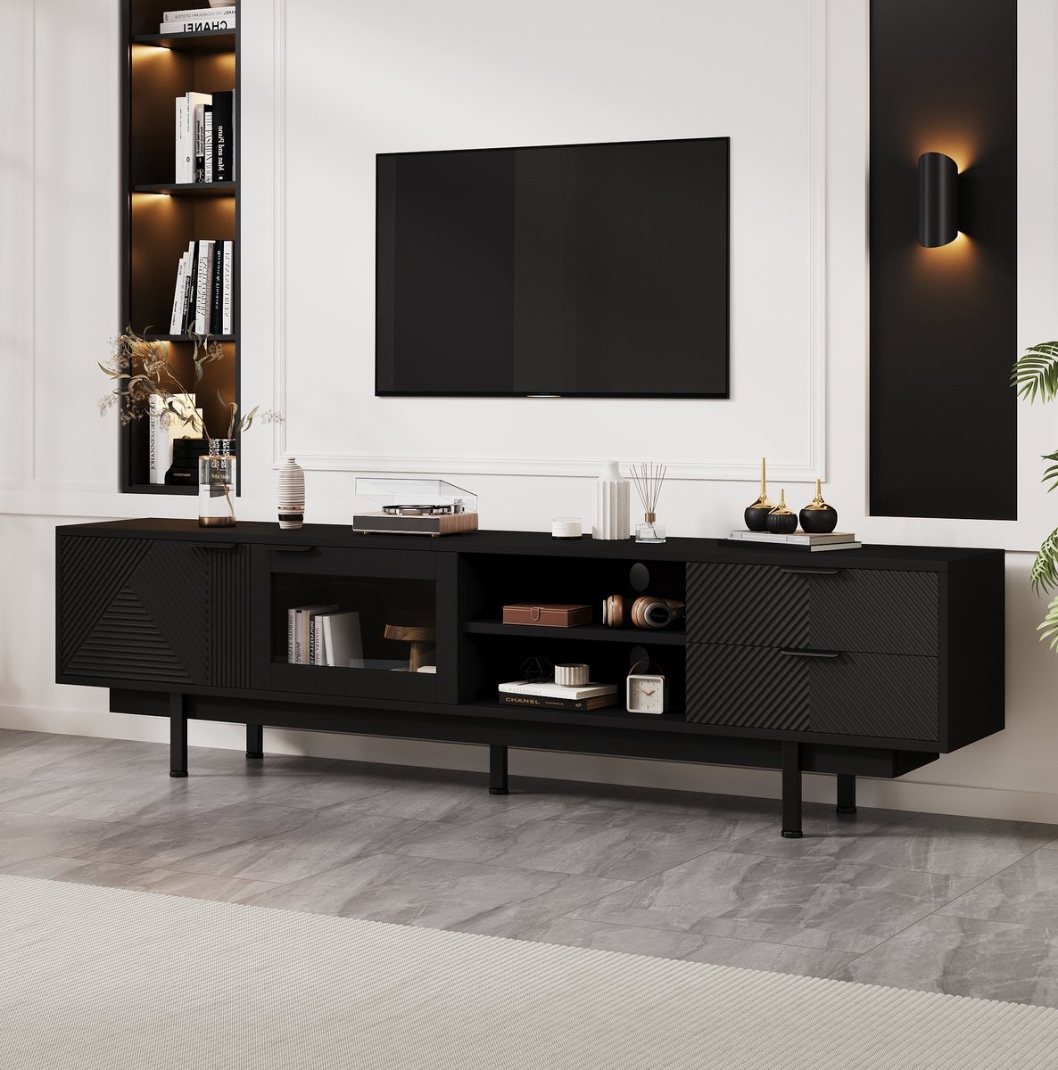 HAUSS SPOLE Halmeubel - Modern Tv Meubel Met 2 Deuren En 2 Lades - Voor Woonkamer En 80 Inch Televisie - Spaanplaat Glas - 200x40x50,5 Cm Zwart