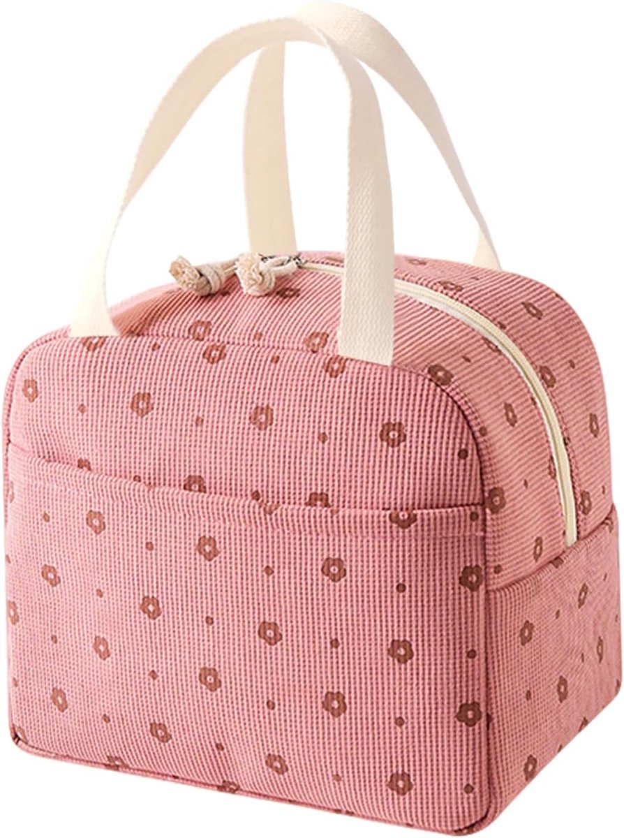 Thijox - Geïsoleerde lunchtas Roze Bloemen - Draagbare Lunchbox - Lekvrije Koeltas voor Kantoor, School, Werk - Hoogwaardig Corduroy, 26x21x18 cm