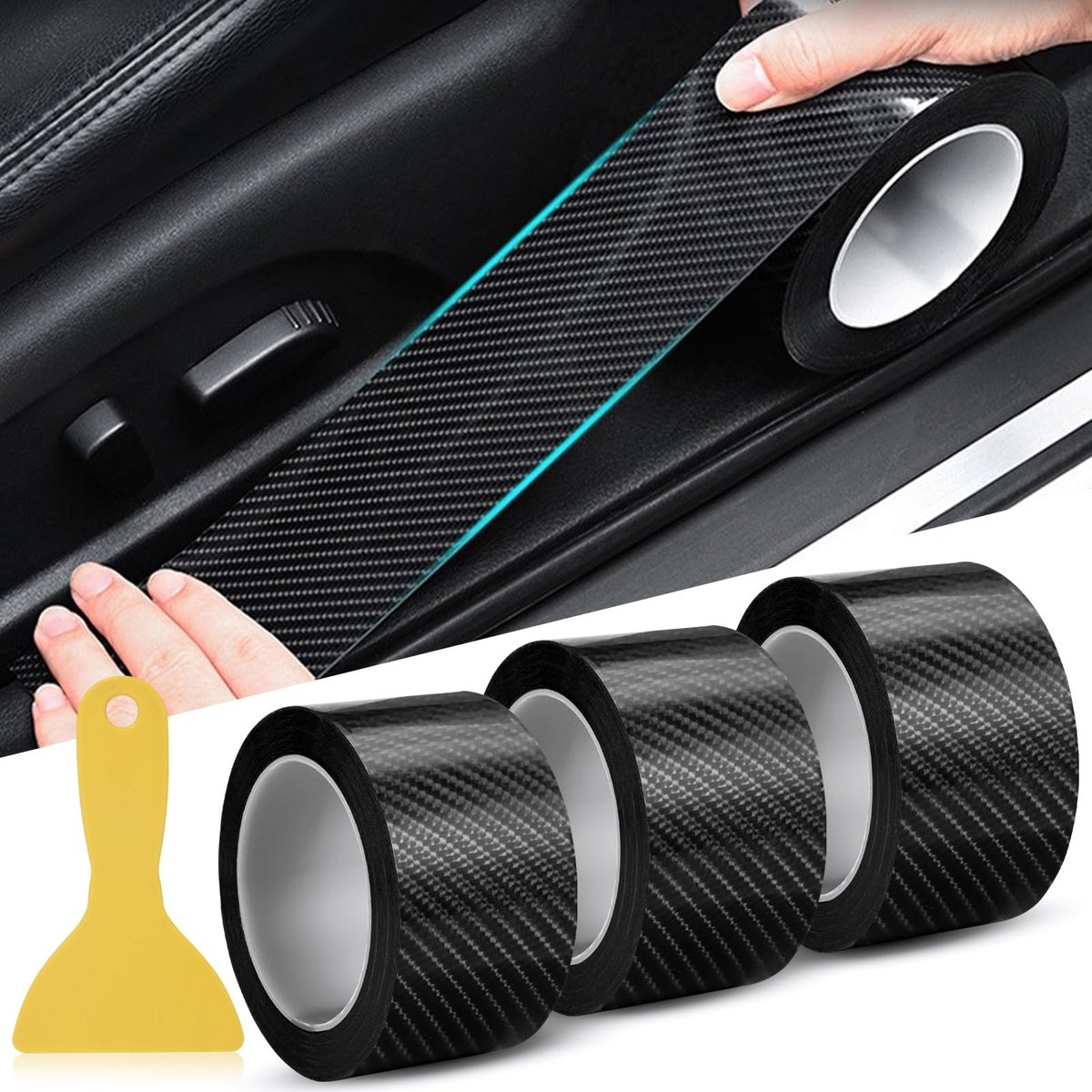 Dailygoods- Carbonfolie 3 Rollen - Zelfklevende Autobeschermfolie - Lakbeschermingsfolie - Dorpelbescherming - Glanzend - 5 cm x 3 m - Autosticker