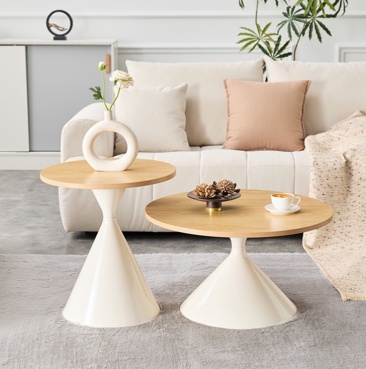 MIVRAY Salontafelset - Ronde Nestbare Salontafels Met Houtlook Blad - Voor Woonkamer Slaapkamer En Kantoor - Metaal En Melamine - Hout En Creme