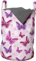 New Bed, Wasmand met Vlinders in Roze en Paars, Opbergmand meisjeskamer decor met Handvatten en Koordsluiting, Speelgoedmand kinderen - Speelgoedkist- Wasbox - 33 x 48 cm