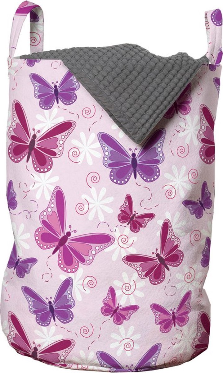 New Bed, Wasmand met Vlinders in Roze en Paars, Opbergmand meisjeskamer decor met Handvatten en Koordsluiting, Speelgoedmand kinderen - Speelgoedkist- Wasbox - 33 x 48 cm