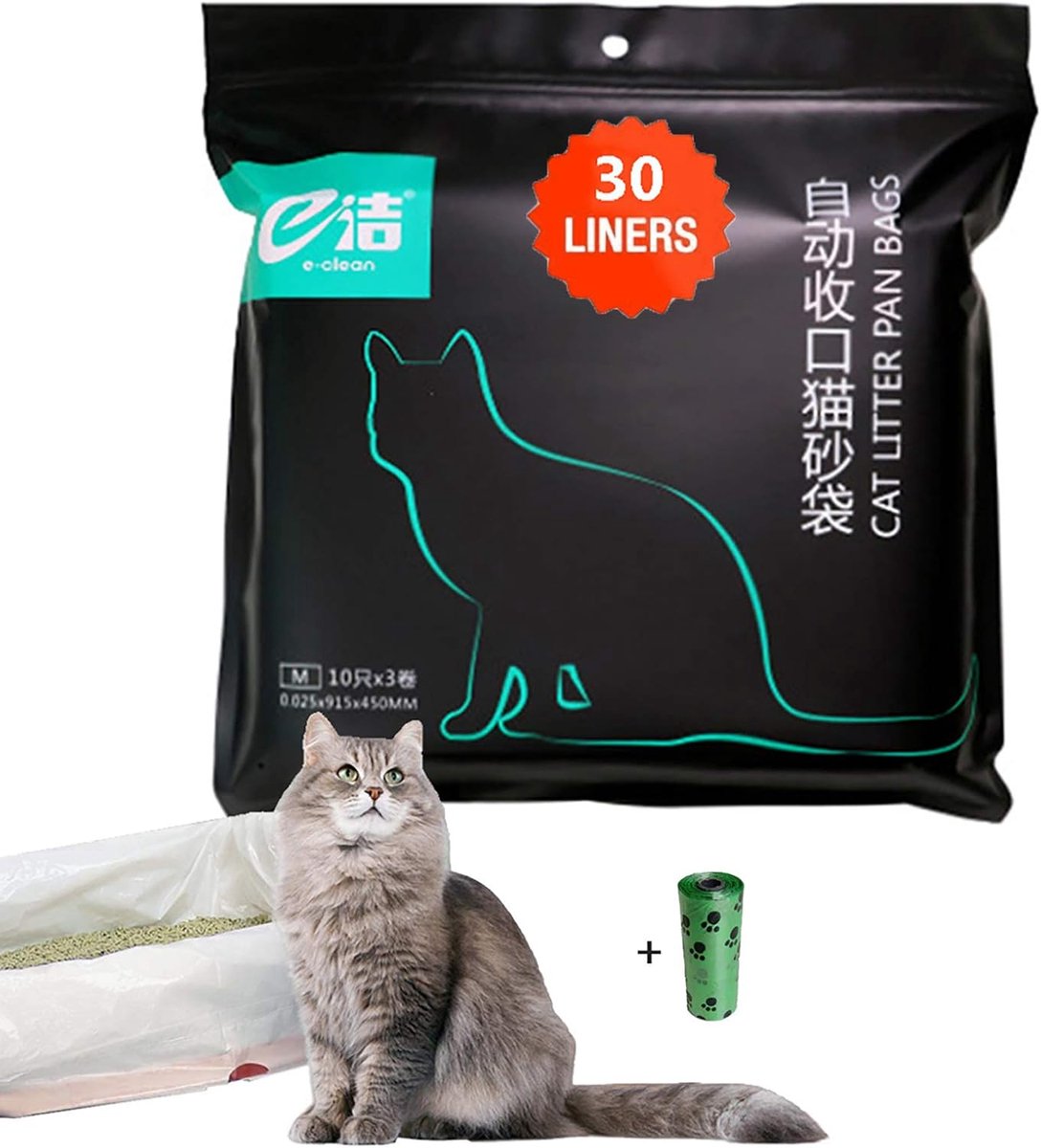 SnelShoppen - 30 Stuks Kattenbakzakken met Handvatten, 91,5 × 45 cm - Geschikt voor Middelgrote en Grote Kattenbakken - Inclusief 1 Rol Vuilniszak als