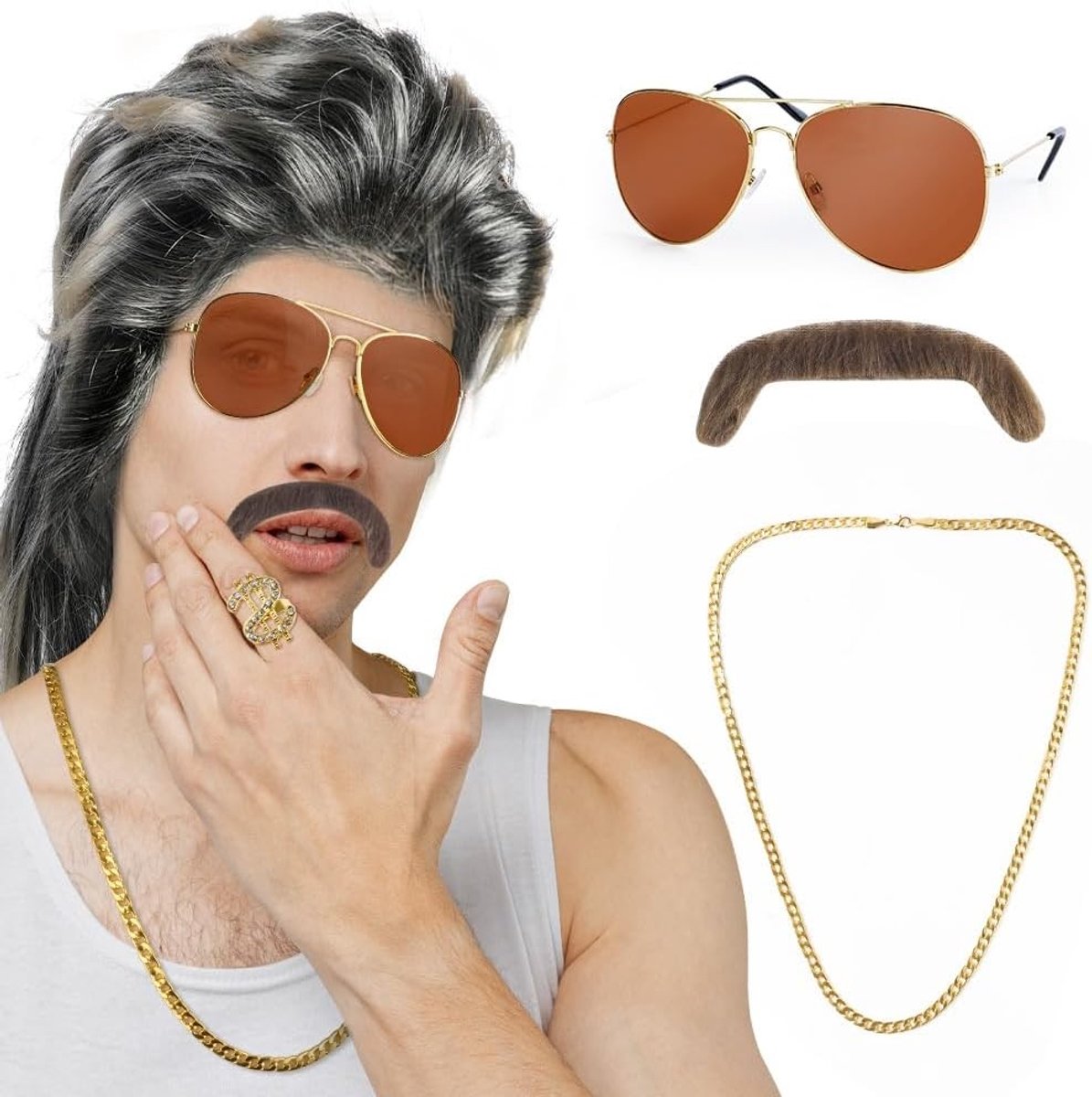 Hippie en Disco Kostuum Wiegenset voor Mannen, 5-delige Set met Bril, Baardring en Accessoires voor Halloween en Feestjes