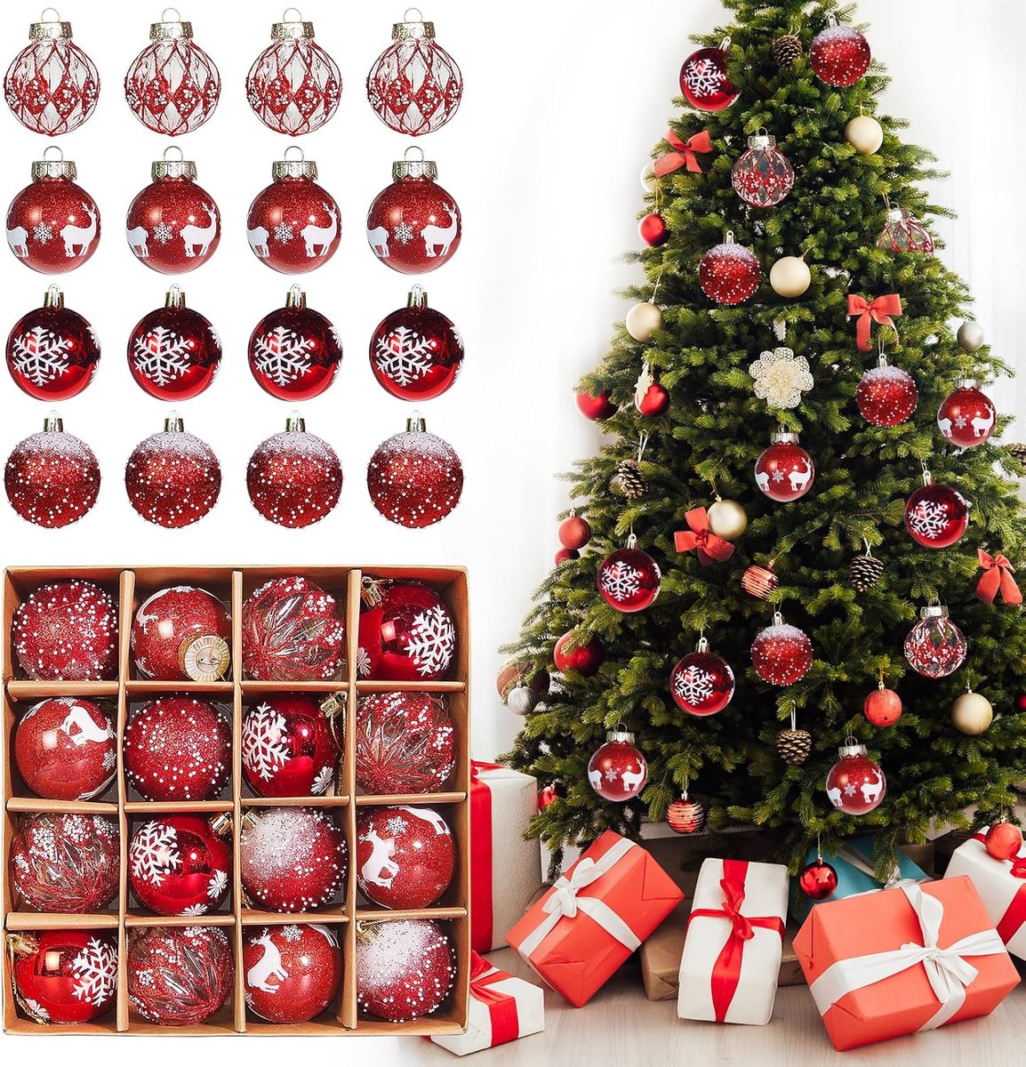 Thijox - Kerstballen Kunststof 6 cm Set van 16 Stuks Gepersonaliseerde Kerstballen Wit en Rood voor Binnen en Buiten Kerstboomversiering en Kerstdecor