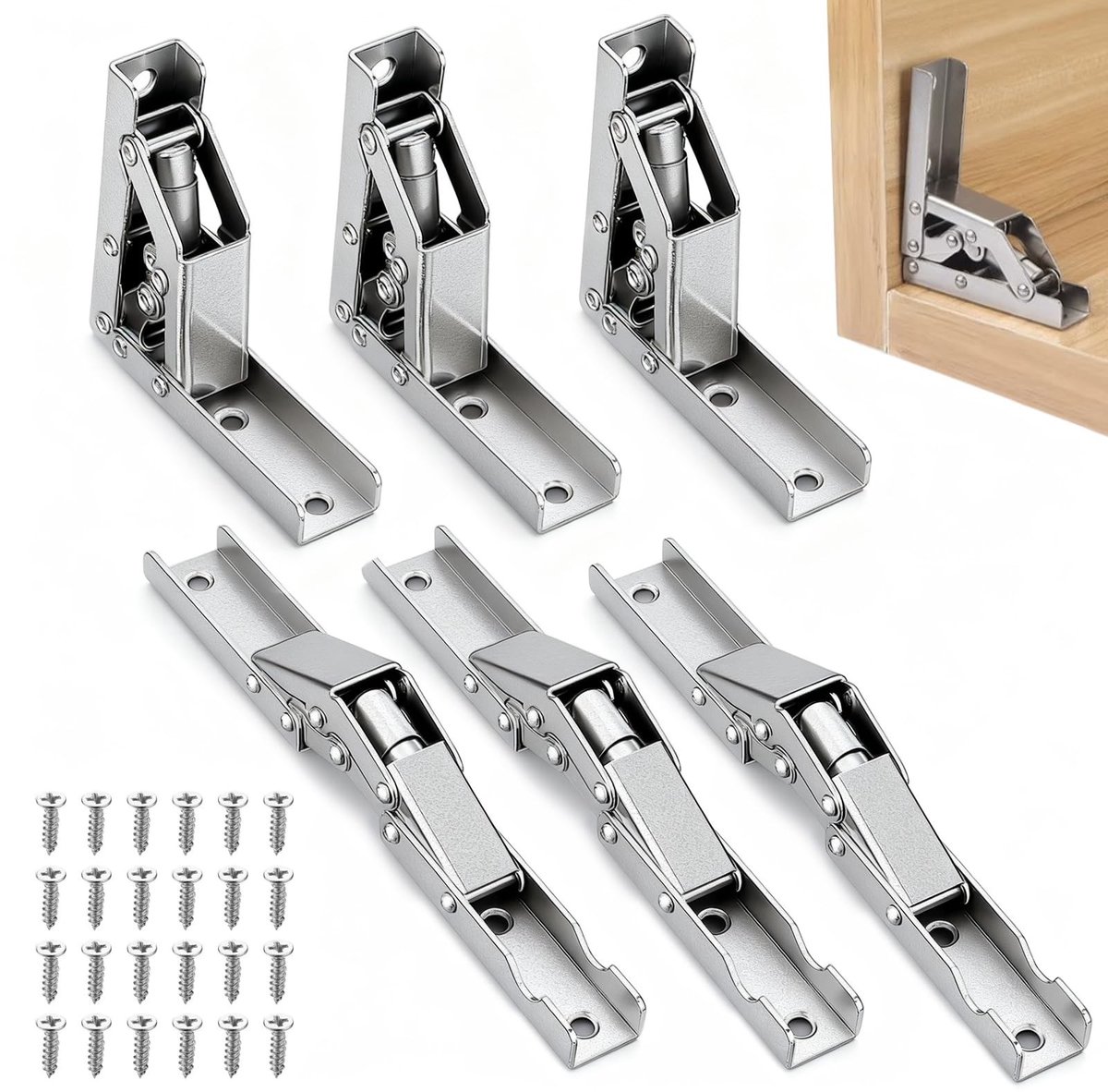 Dailygoods - 90 graden houten kistscharnieren, 6 stuks, inklapbaar, scharnieren, zware belasting, houten kistscharnieren, kastscharnier met 36 schroeven voor kastdeur en tafel